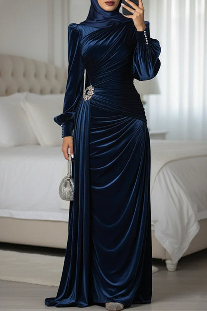 Streamer Pleated Ruched Pearl-Cuffed Velvet Party Maxi Dress