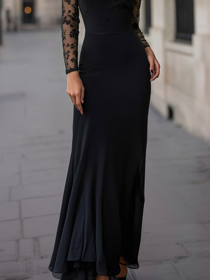 Embroidered Sheer-Panel Evening Gown