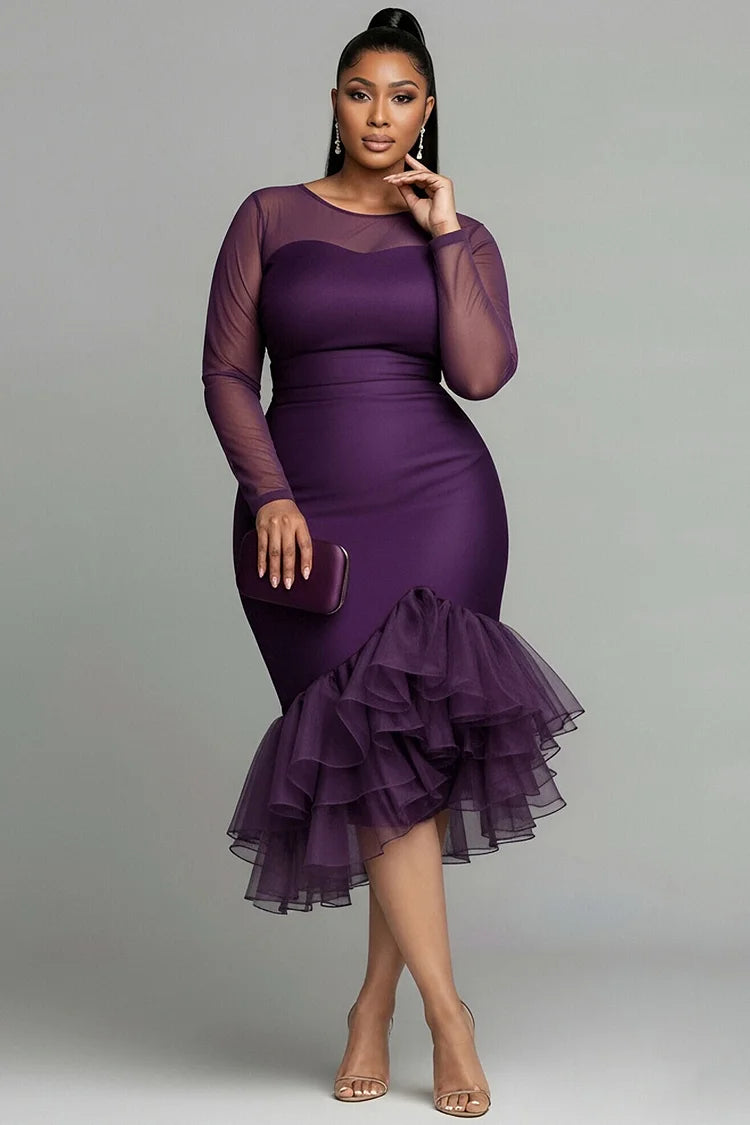 Cocktail Party Purple Round Neck Long Sleeve Ruffle Tulle Midi Dress