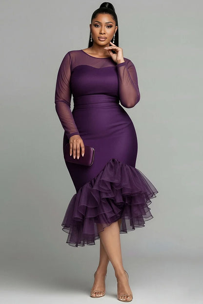 Cocktail Party Purple Round Neck Long Sleeve Ruffle Tulle Midi Dress