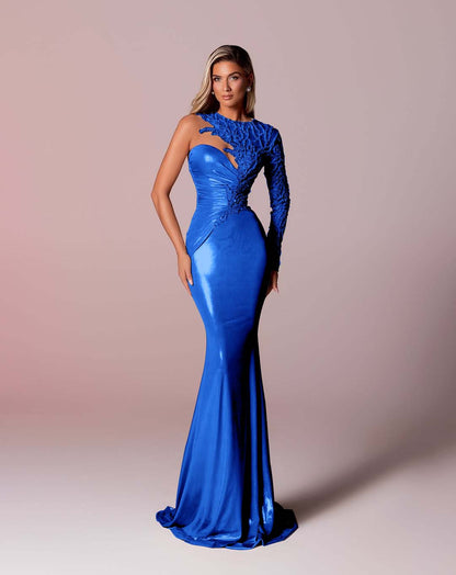 Asymmetric Neckline Single-Sided Long Sleeve Long Mermaid Prom Dress