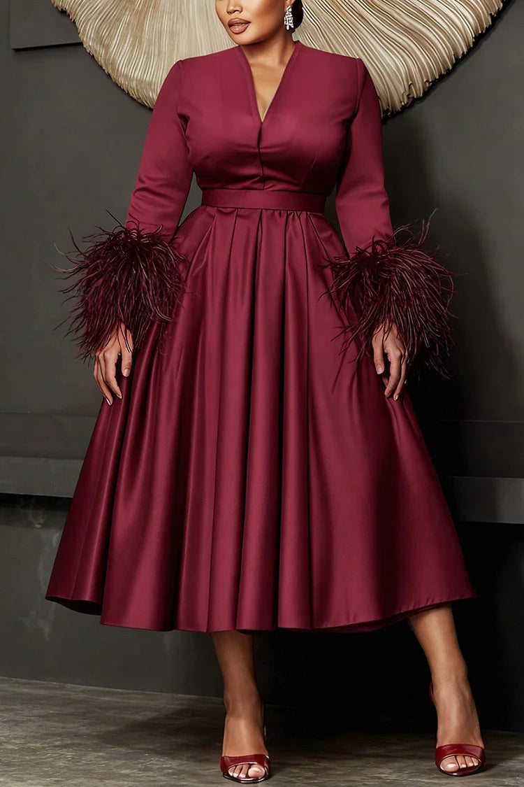 Burgundy V Neck Long Sleeve Feather Elegant Pocket Satin Midi Dress