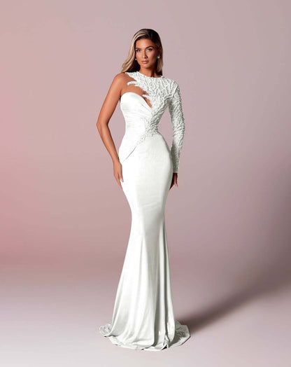 Asymmetric Neckline Single-Sided Long Sleeve Long Mermaid Prom Dress