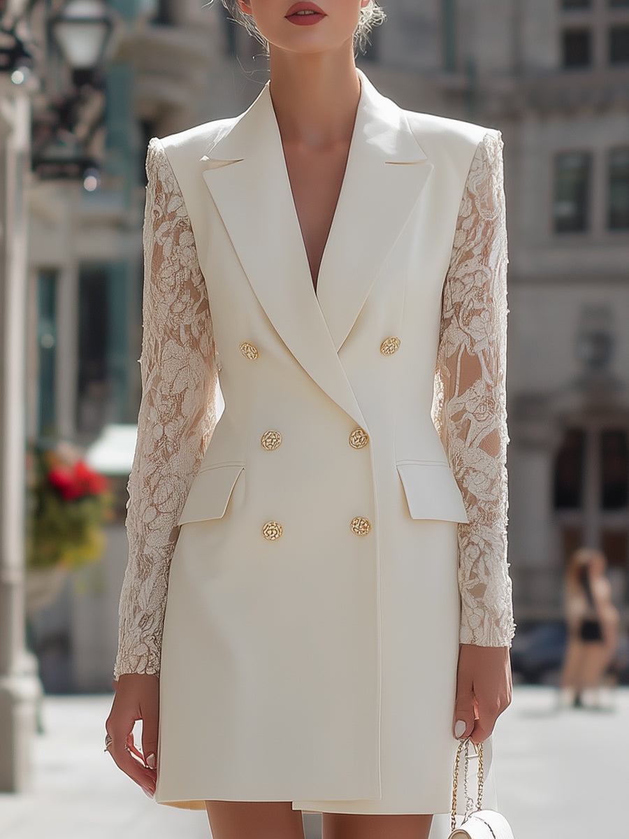 Elegant Lace Sleeve Double-Breasted Blazer Dress
