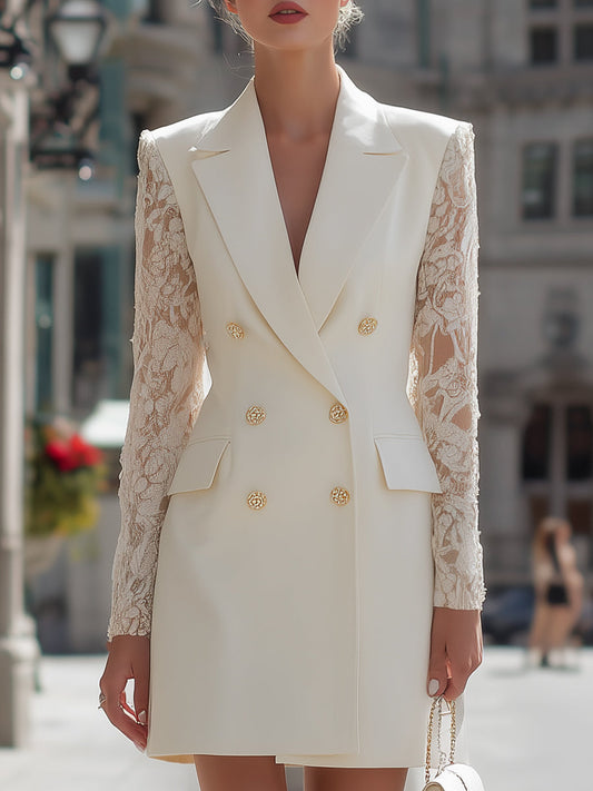 Elegant Lace Sleeve Double-Breasted Blazer Dress