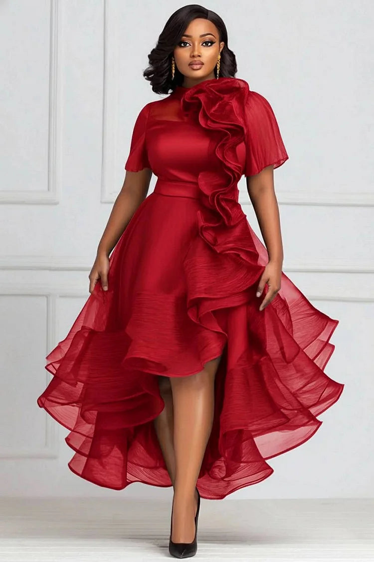 Cocktail Party Black Round Neck Short Sleeve Ruffle Elegant 3D Dress