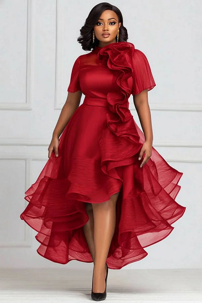 Cocktail Party Black Round Neck Short Sleeve Ruffle Elegant 3D Dress