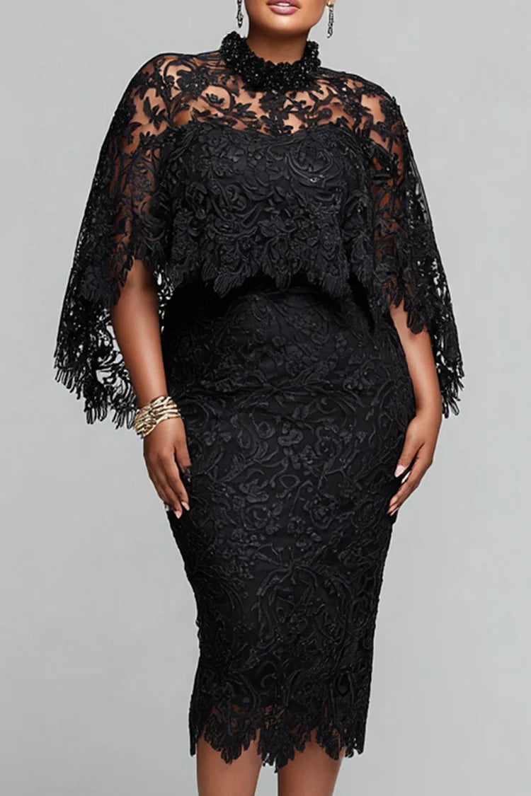 Cocktail Party Black Mock Neck Cape Sleeve 3/4 Sleeve Bodycon Midi Dresses