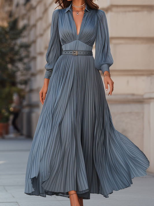 Mooyius Steel Blue Pleated Midi Dress