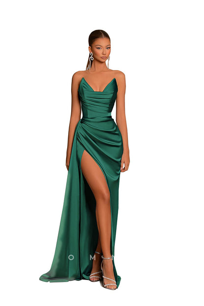 P1227 - Chic Strapless V-Neck Pleats Sleeveless Long Formal Evening Prom Dress with Slit