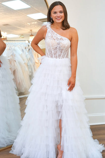 Women's One Shoulder Tulle Ruffled Prom Dresses