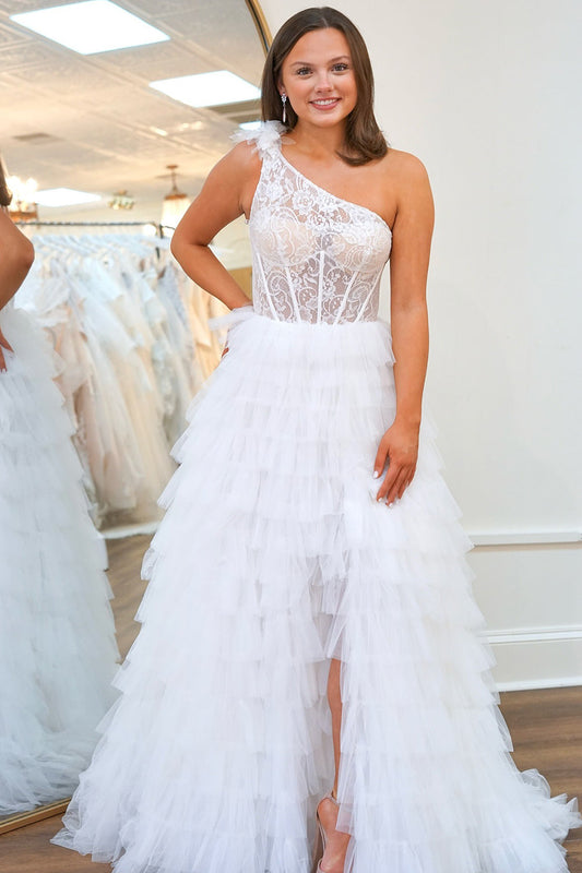 Women's One Shoulder Tulle Ruffled Prom Dresses