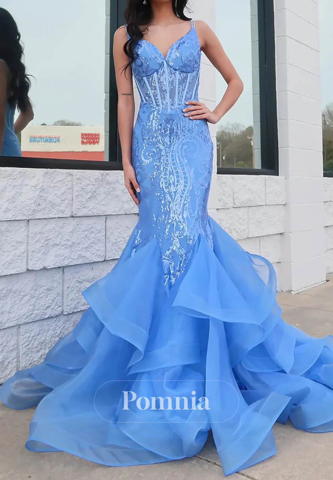 Sky Blue Spaghetti Straps V-Neck Corset Tulle Prom Dress