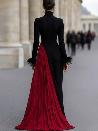 Black And Red Pleated Gown With Feather Cuff Details