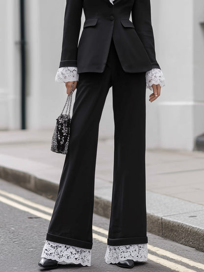 Lace-Trim Tailored Blazer And Wide-Leg Pants Two-Piece Set