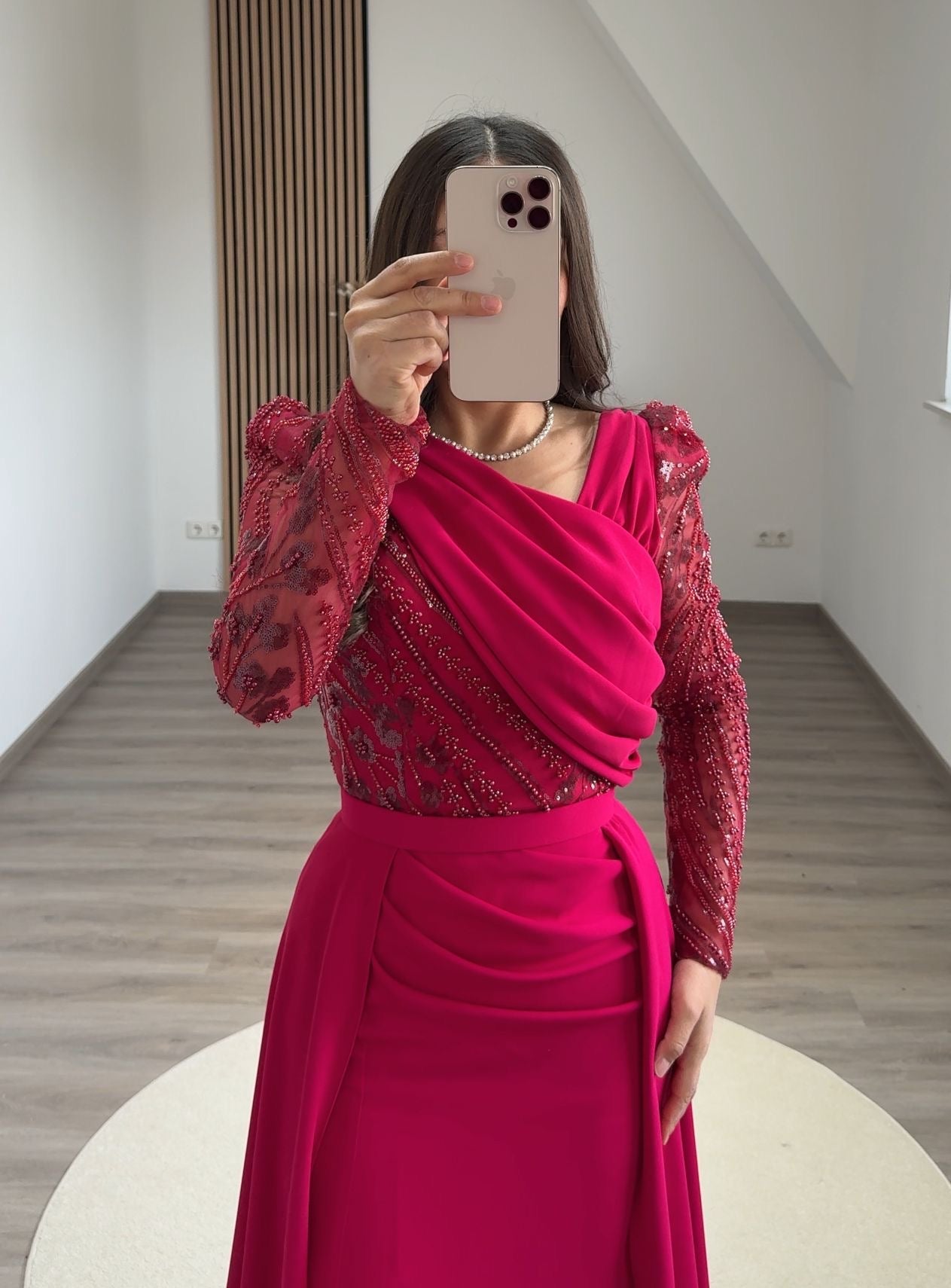 Fuchsia Long Sleeves Scoop Appliques Evening Dress