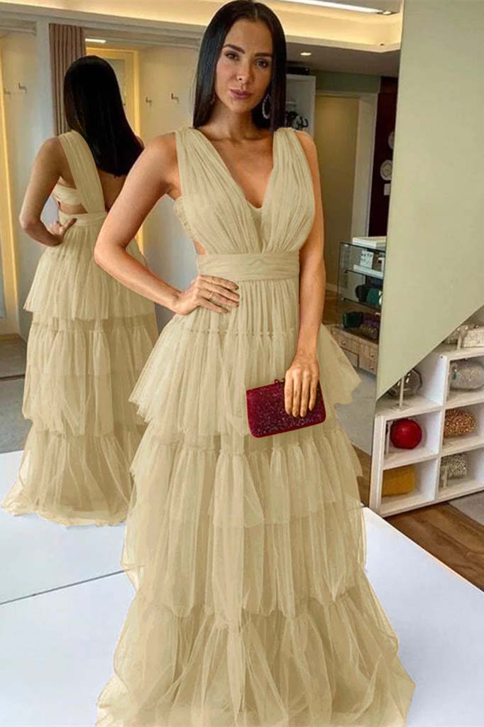 Sleeveless Long Pleated A-Line Prom Dress With Ruffles
