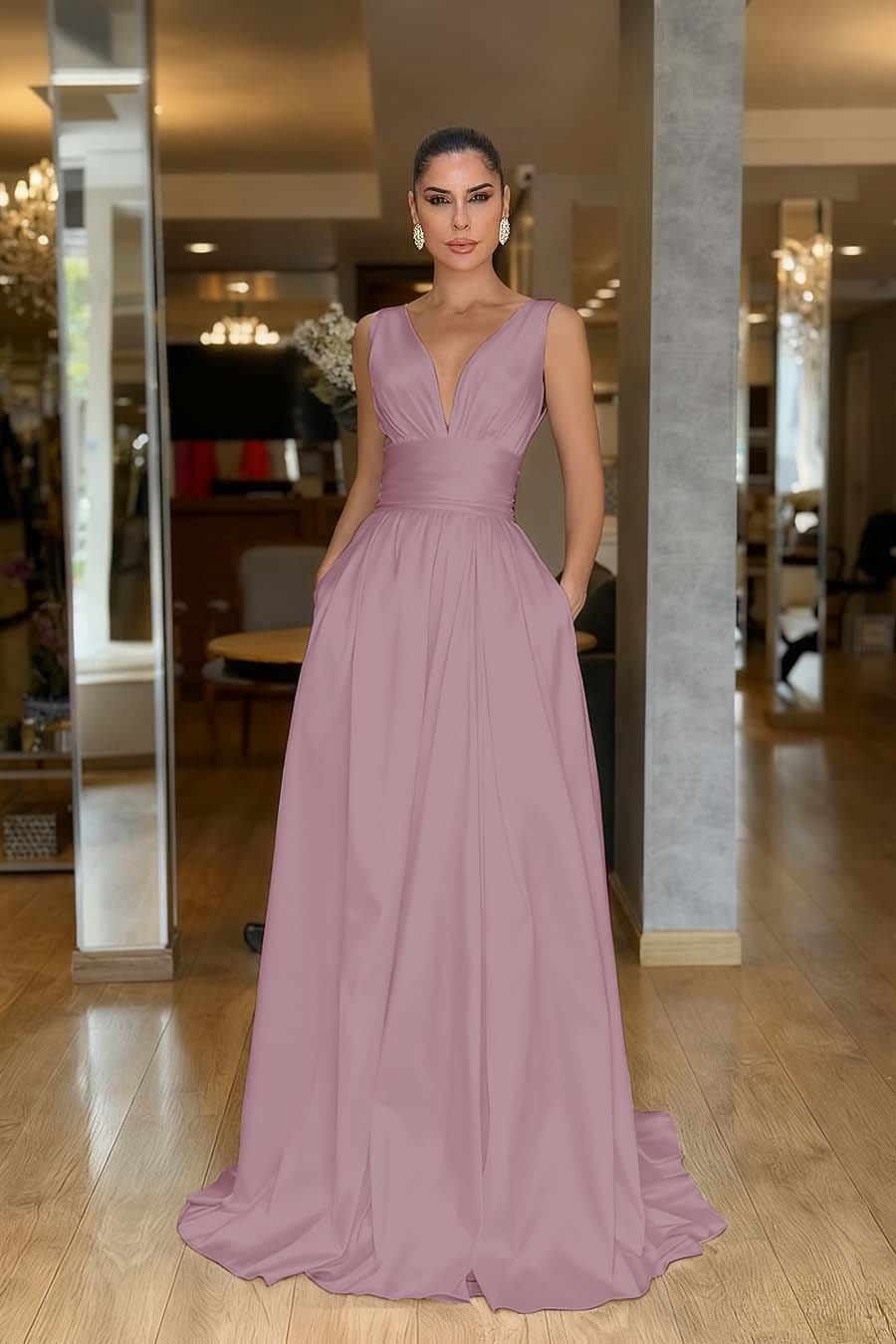 Sleeveless High Waist Long Prom Dress With Pockets Pleated