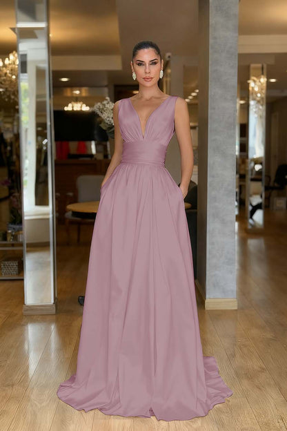 Sleeveless High Waist Long Prom Dress With Pockets Pleated