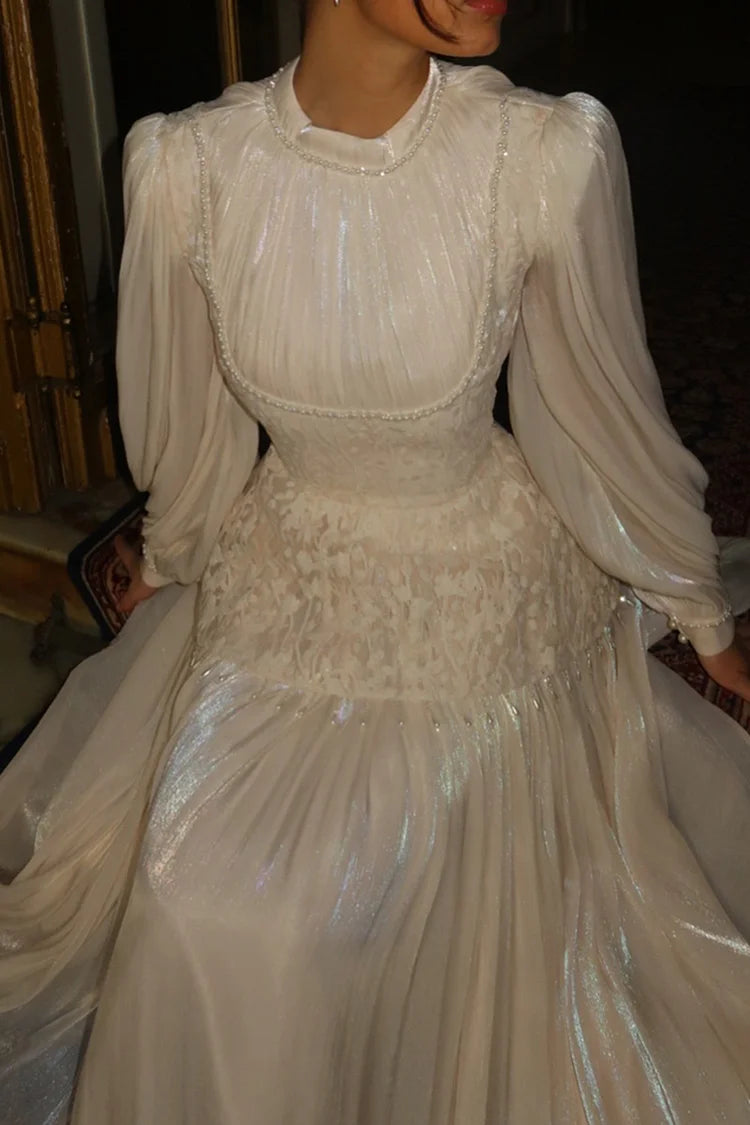 Flower Embroidery Beaded Tassel Pleated Party Maxi Dress