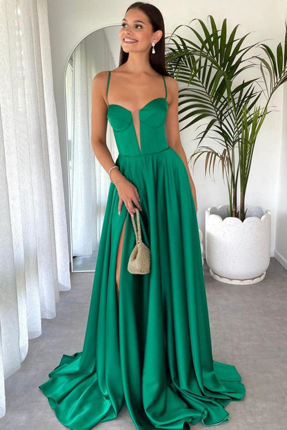 Beauty A Line Spaghetti Straps Green Long Prom Dress with Criss Cross Back