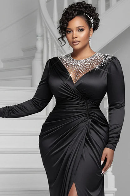 V-Neck Long-Sleeves Satin Pleated Mermaid Evening Dress Beaded Floor-Length Slit Formal Gowns