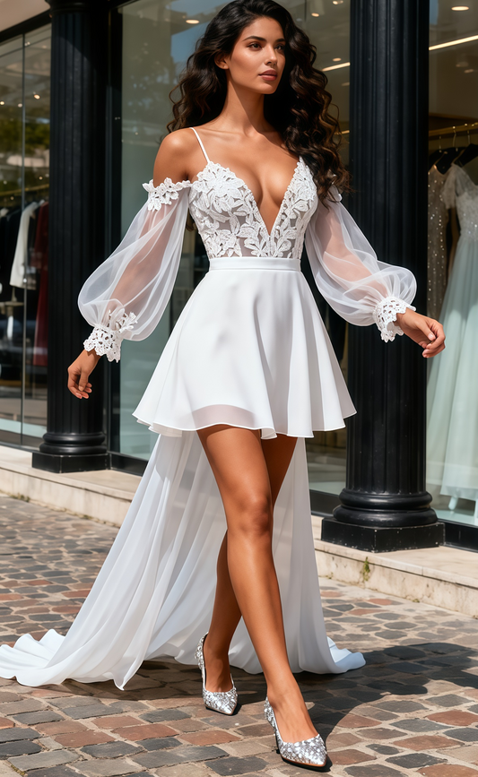 Tulle Long Sleeves High Low Spaghetti Straps Wedding Dress