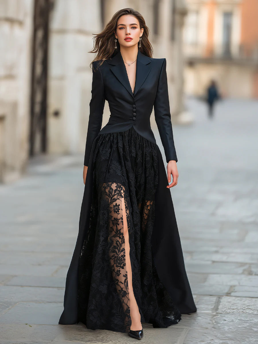 Elegant Tailored Blazer Panel Lace Gown Set