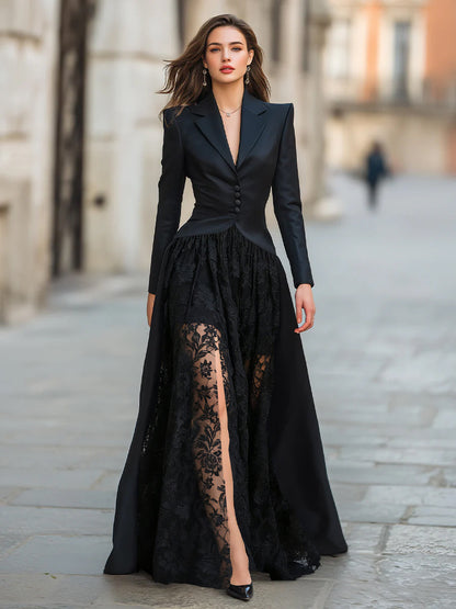 Elegant Tailored Blazer Panel Lace Gown Set