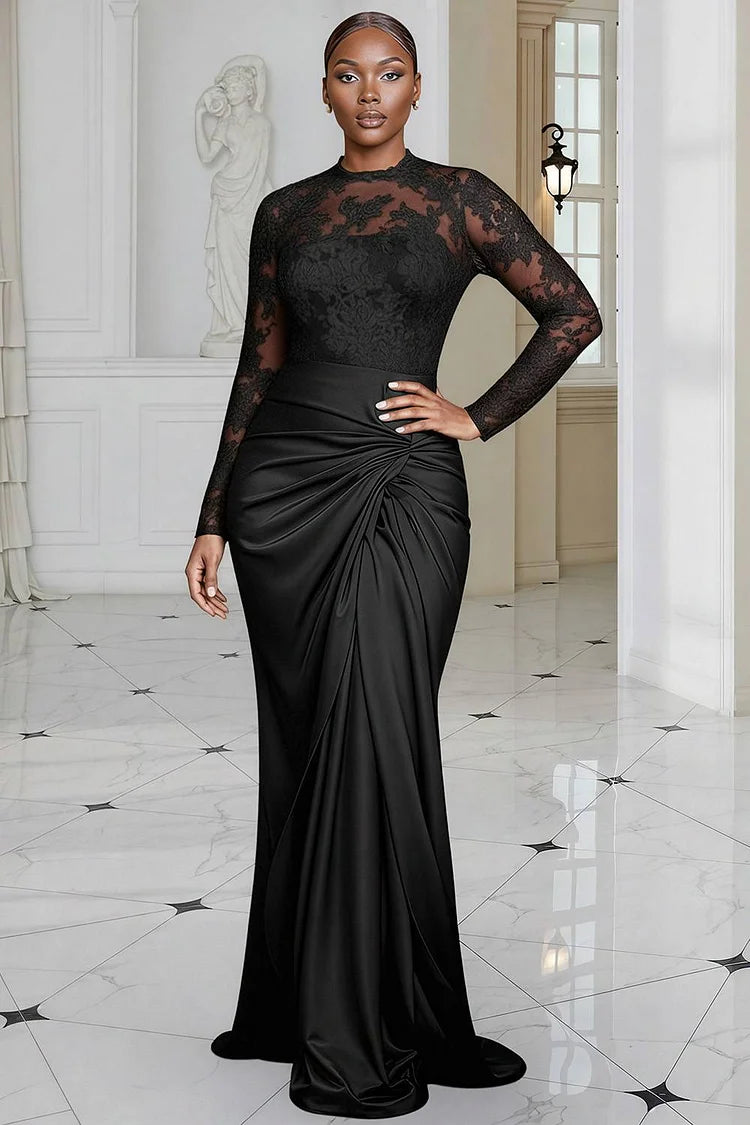 Formal Lace Black Round Neck Long Sleeve Fold Satin Maxi Dress