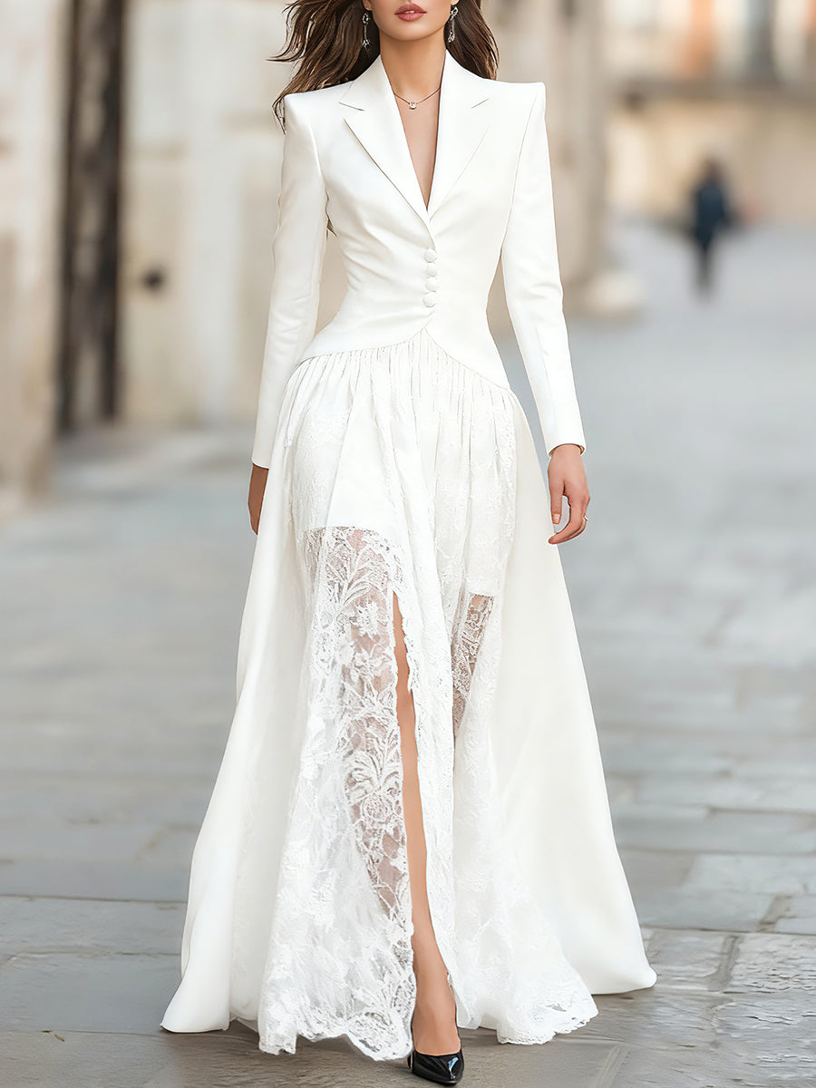 Elegant Tailored Blazer Panel Lace Gown Set