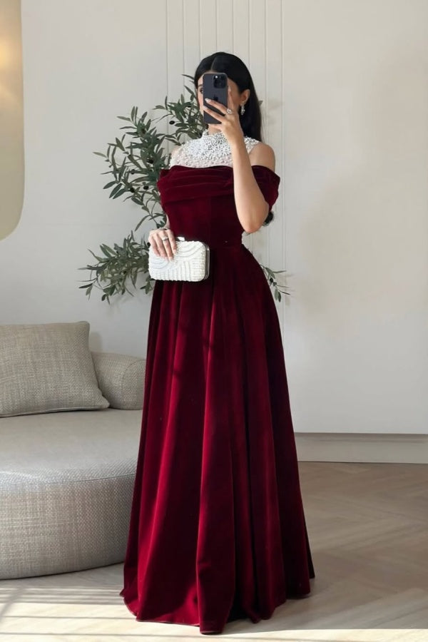 Burgundy High-Neck A-Line Prom Dress Off-the-Shoulder pleated