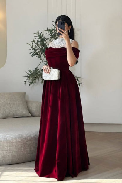 Burgundy High-Neck A-Line Prom Dress Off-the-Shoulder pleated