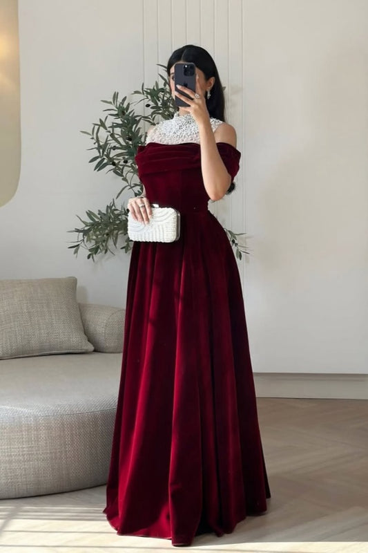 Burgundy High-Neck A-Line Prom Dress Off-the-Shoulder pleated