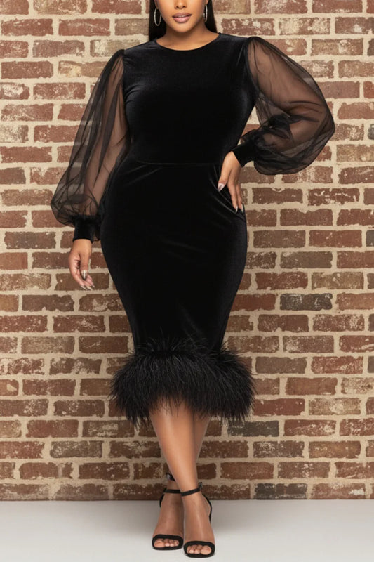 Cocktail Party Tulle Black Round Neck Lantern Sleeve Long Sleeve Feather Velvet Midi Dress