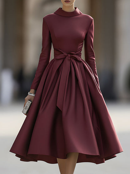 Burgundy High Neck Bow Detail Dress