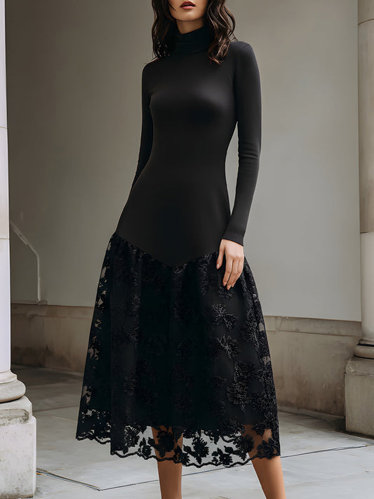 Black Knit And Lace Contrast Midi Dress