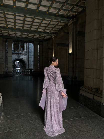 Lilac Beaded High Neck Bowknot Long Sleeves Evening Formal Dress