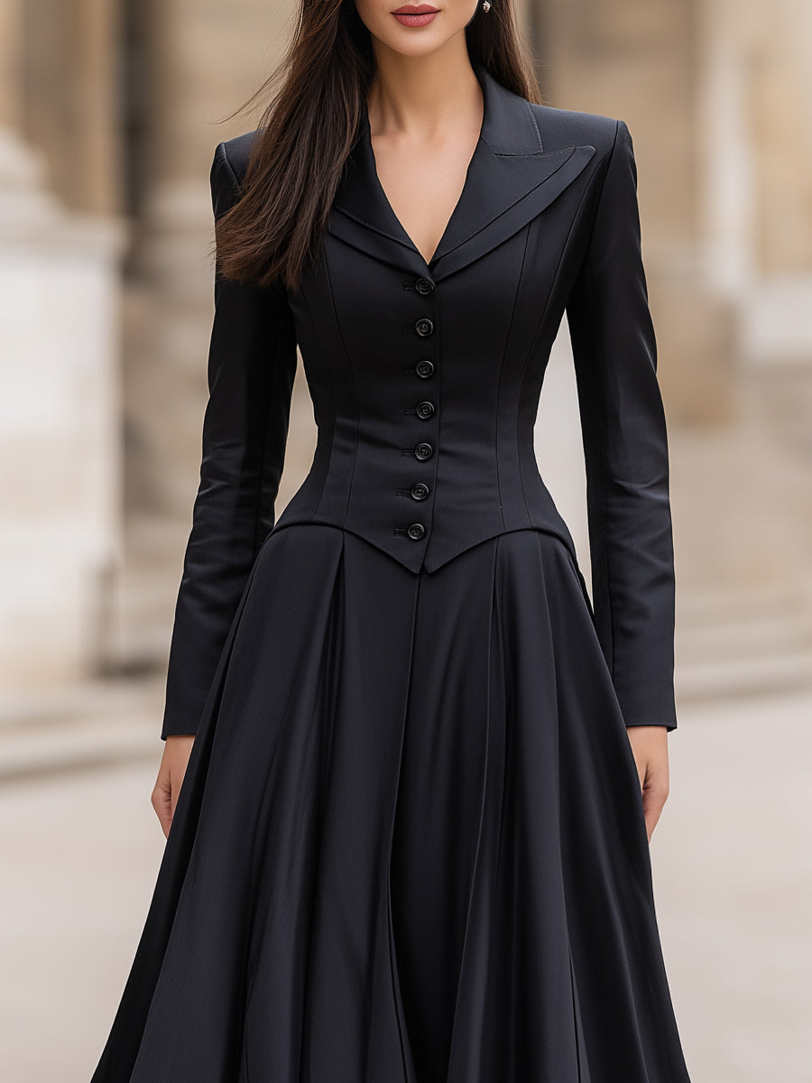 Elegant Tailored Waist Long-Sleeve Maxi Dress