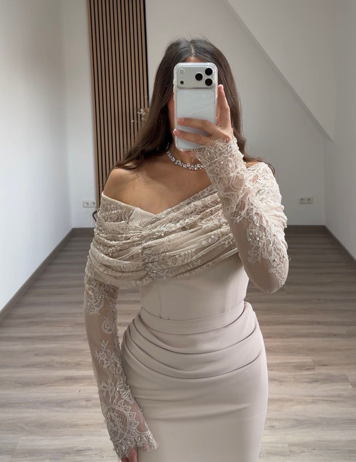 Sheath Long Sleeves High Neck Empire-Waist Formal Evening Dress