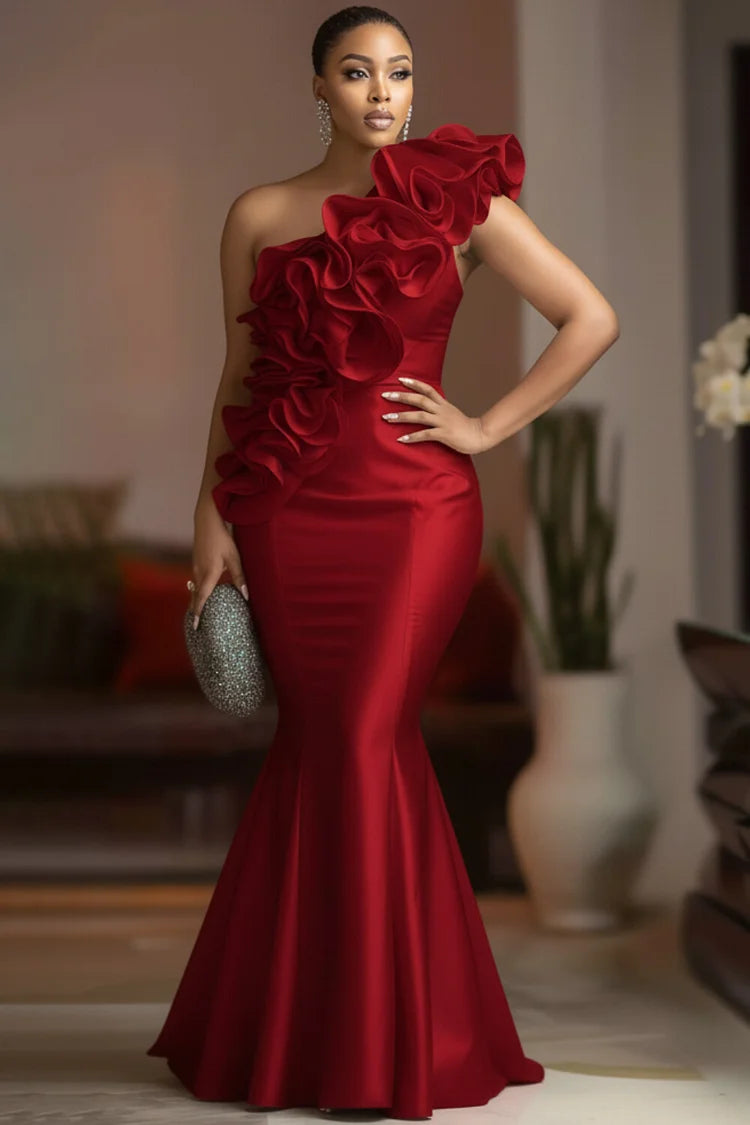Red One Shoulder Ruffle Elegant Bodycon Satin Maxi Dress