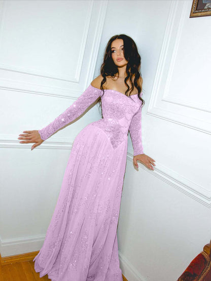 Strapless Long Sleeves Long A-Line Prom Dress With Sequins