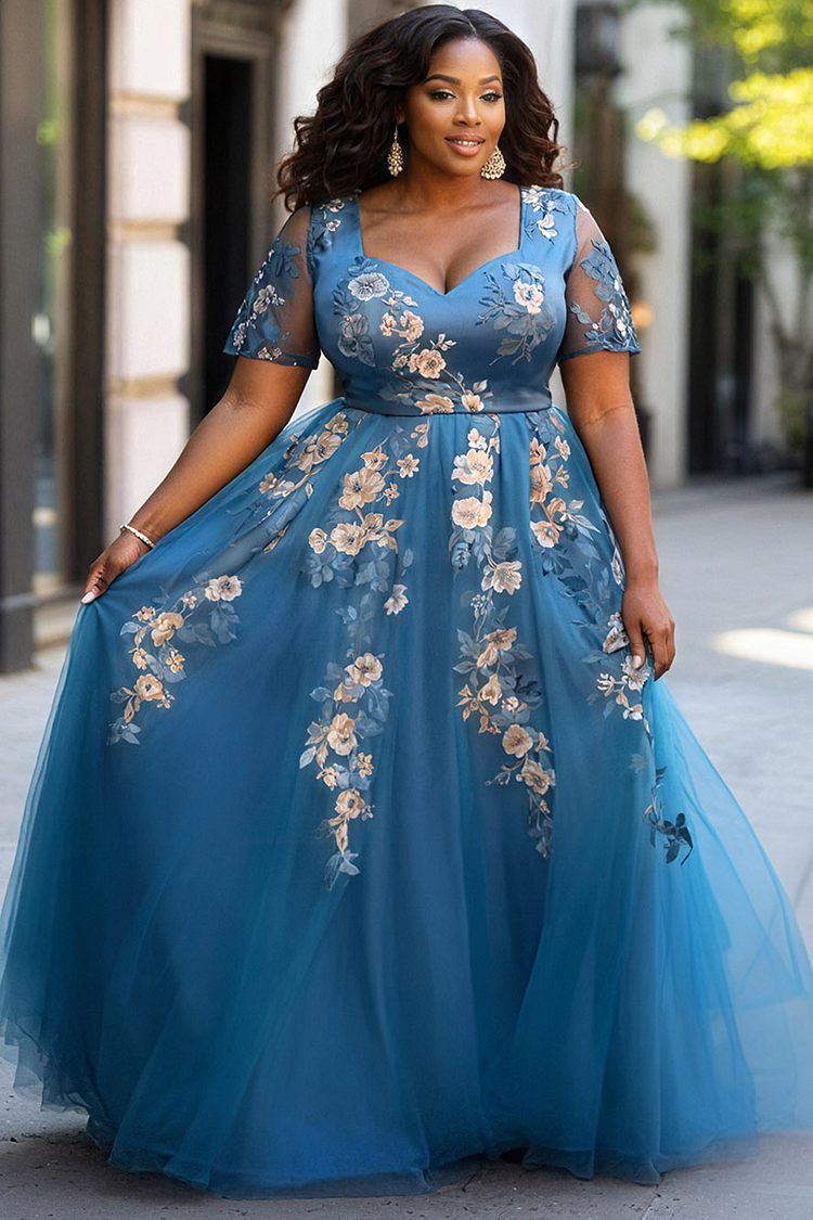 Formal Blue Short Sleeve Floral Print Tulle Maxi Dress