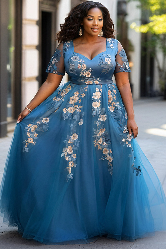Formal Blue Short Sleeve Floral Print Tulle Maxi Dress