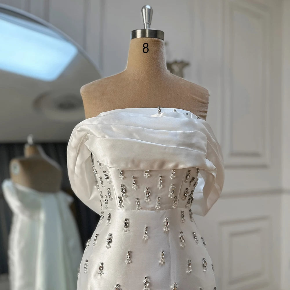 Blue Beaded Crystal Ankle-Length Mermaid Satin Evening Dress Gown for Party