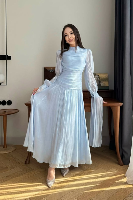 Blue High-Neck Prom Dress Long Sleeves Pleated Floor Length