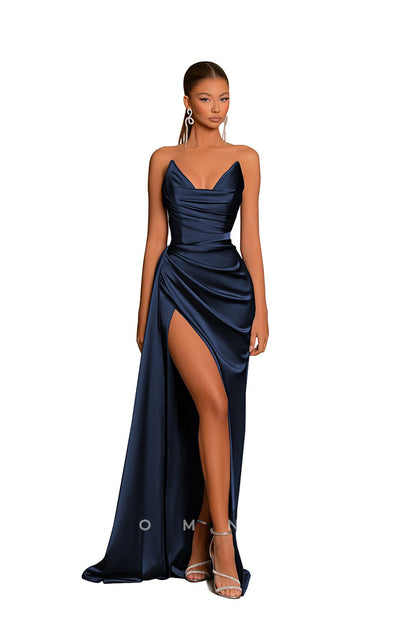 P1227 - Chic Strapless V-Neck Pleats Sleeveless Long Formal Evening Prom Dress with Slit