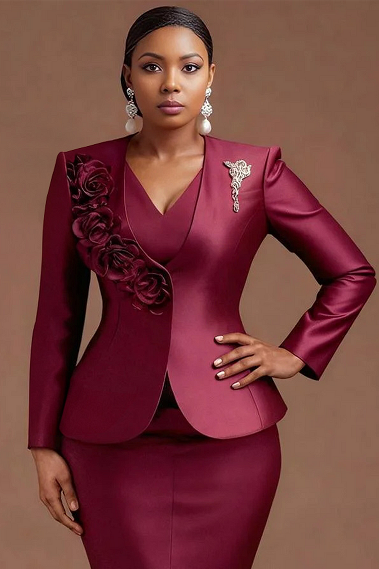 Formal Burgundy V Neck Long Sleeve 3D Elegant Bodycon Satin Two Piece Skirt Sets