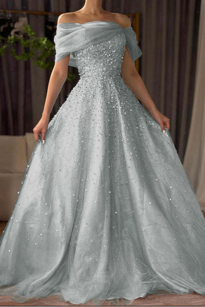 Off the Shoulder Sleeveless Long Prom Dress With Beading Tulle