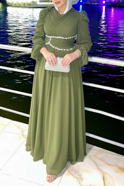 Rhinestone Decor Pleated Wrap Neck Party Maxi Dresses